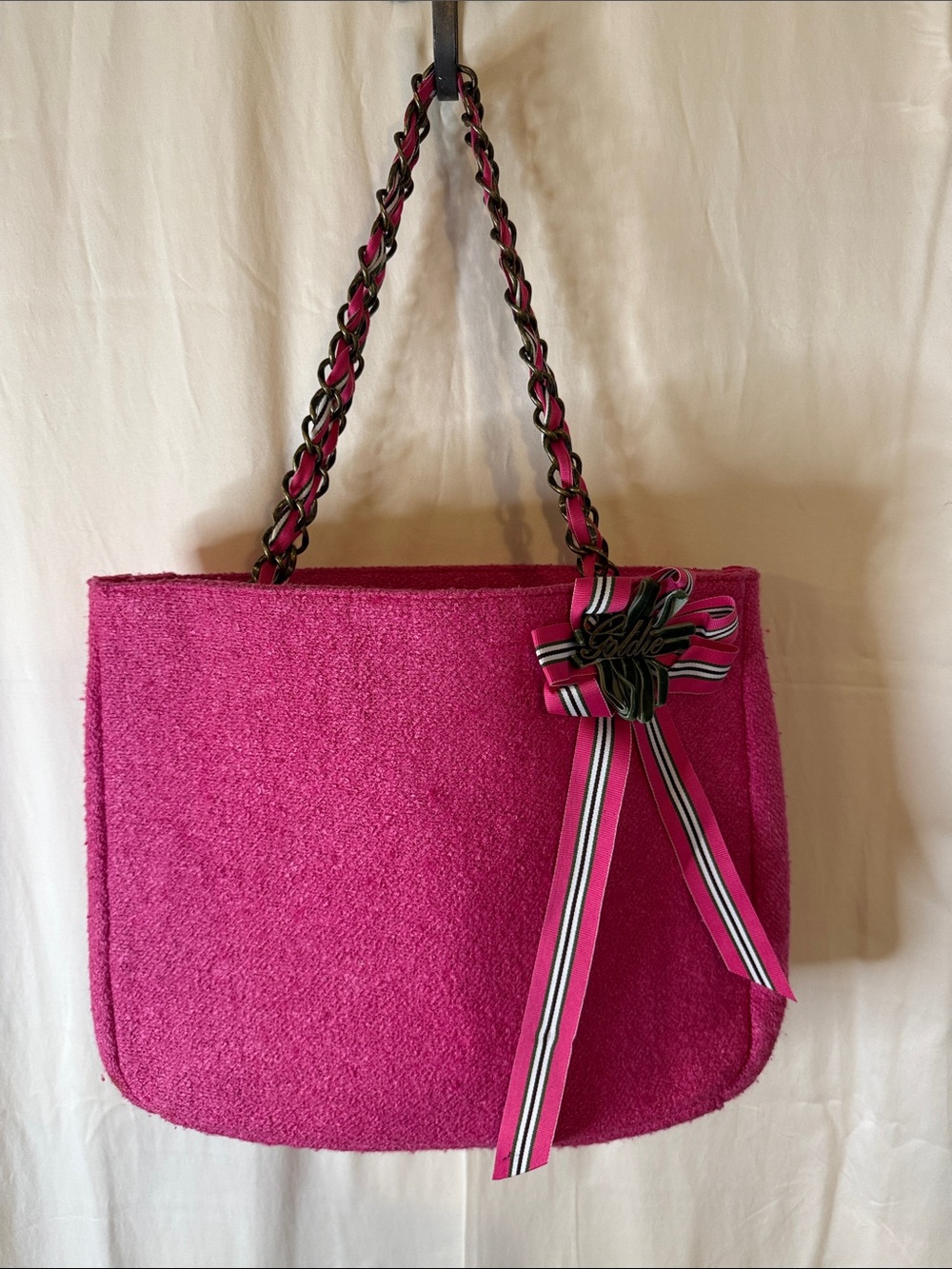 Goldie Hot Pink Chain-Handle Shoulder Bag with Bow Accent